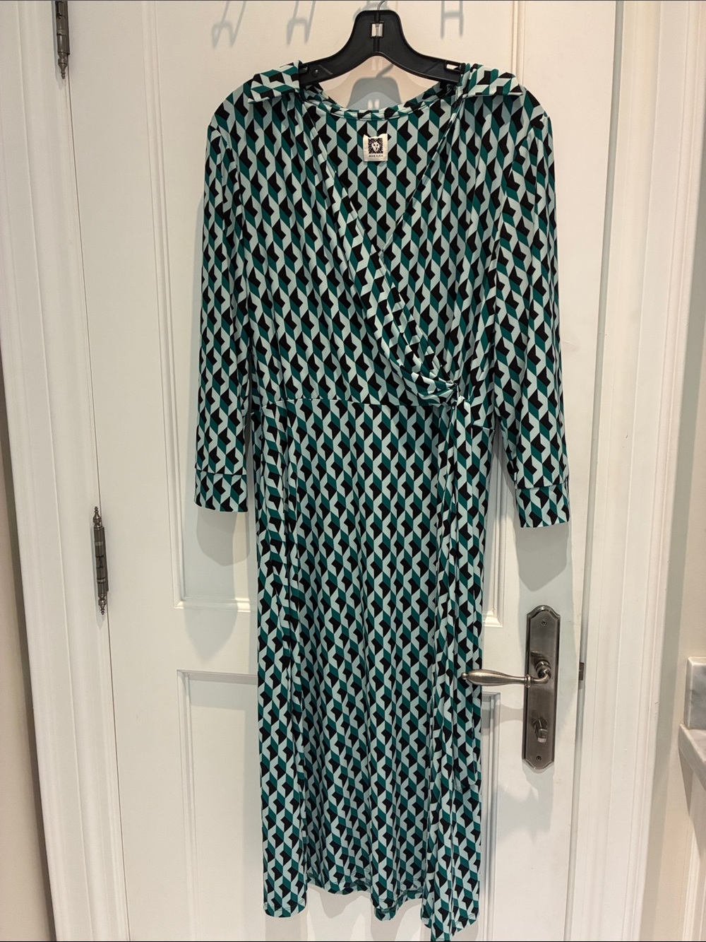 Anne Klein Geometric Faux Wrap Midi Dress Teal Green Black Size👵MT